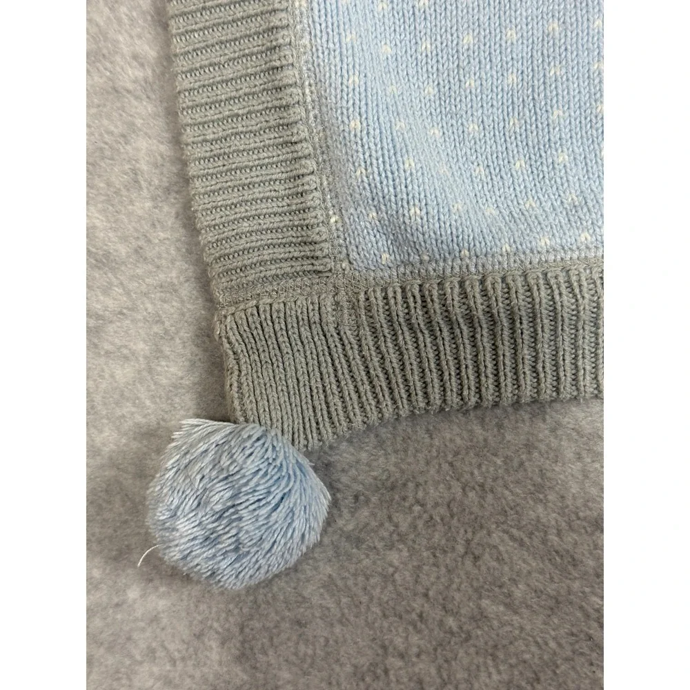 Pottery Barn Kids Blue White Knit Heart Pom Pom Baby Blanket 30x40 Cotton Blend